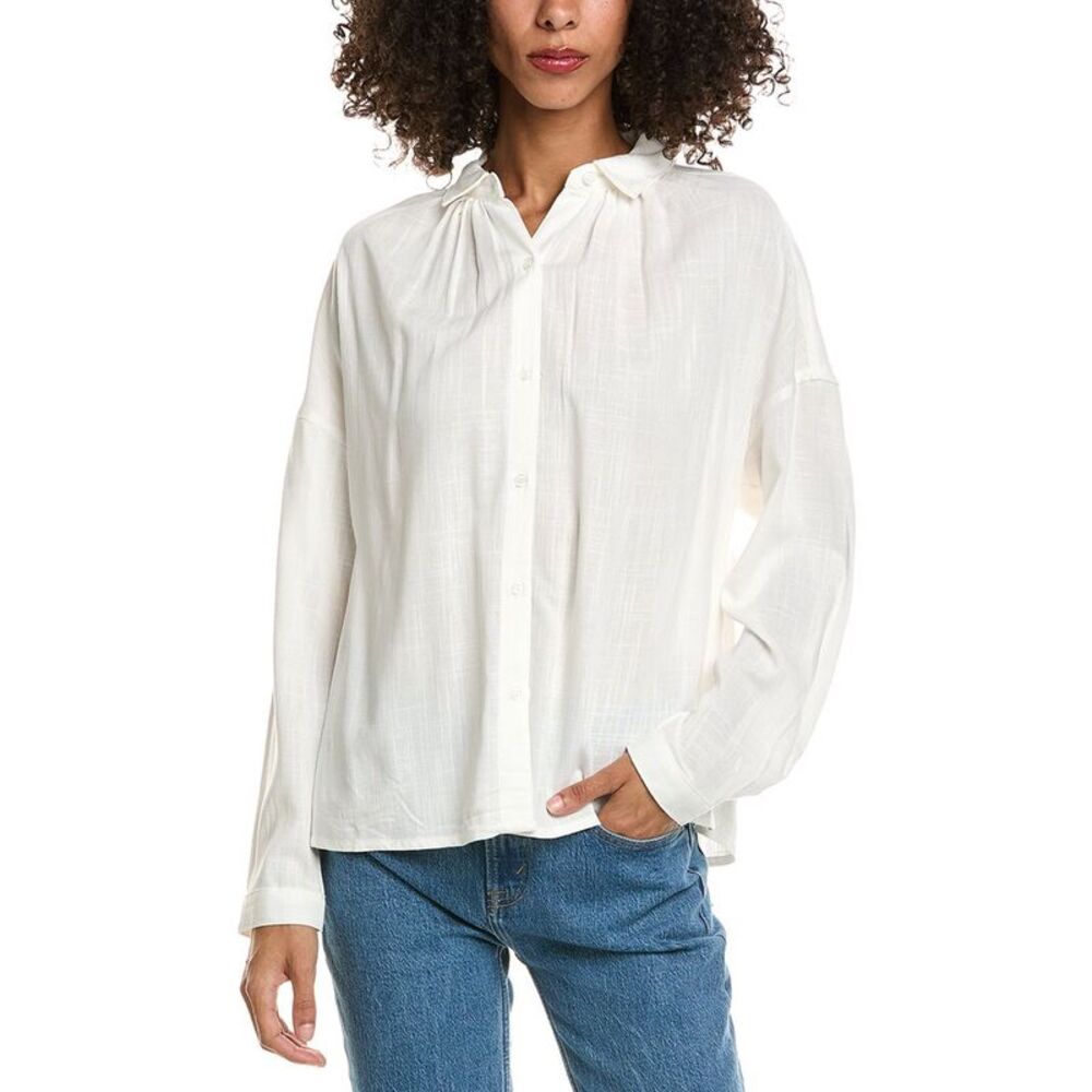 Max Studio Womens  Shirred Yoke Linen-Blend Shirt, White